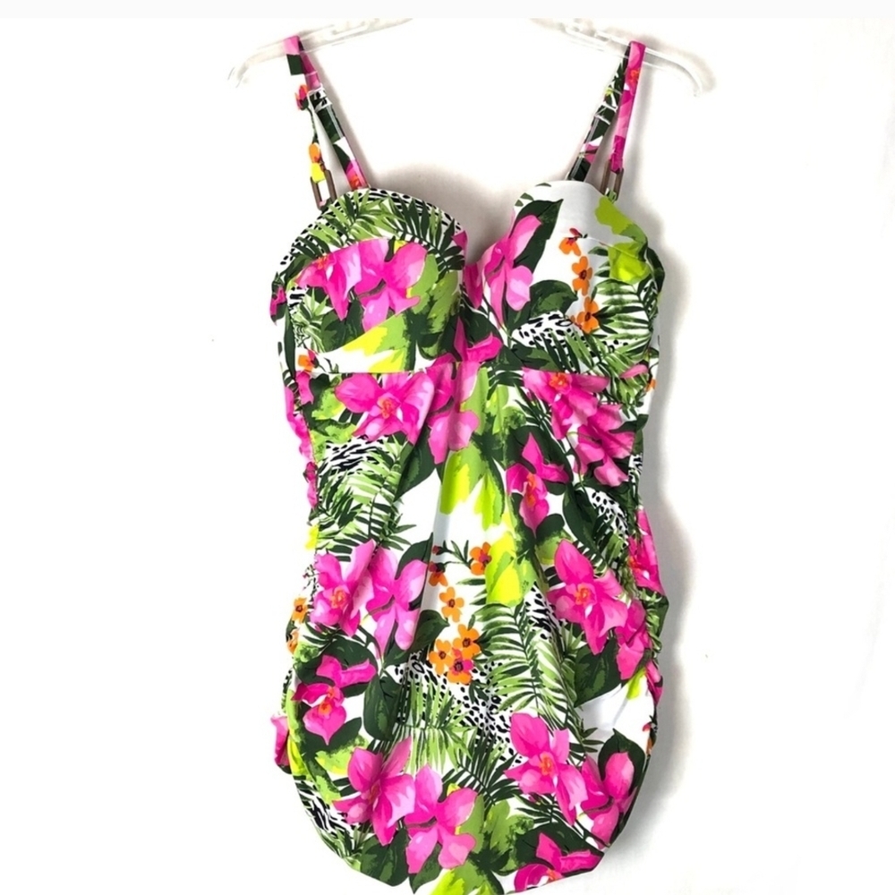 CaciqueNWT Sz16 Floral 1pc Swimsuit w/ Pink/Green Accents. Balconette Underwire